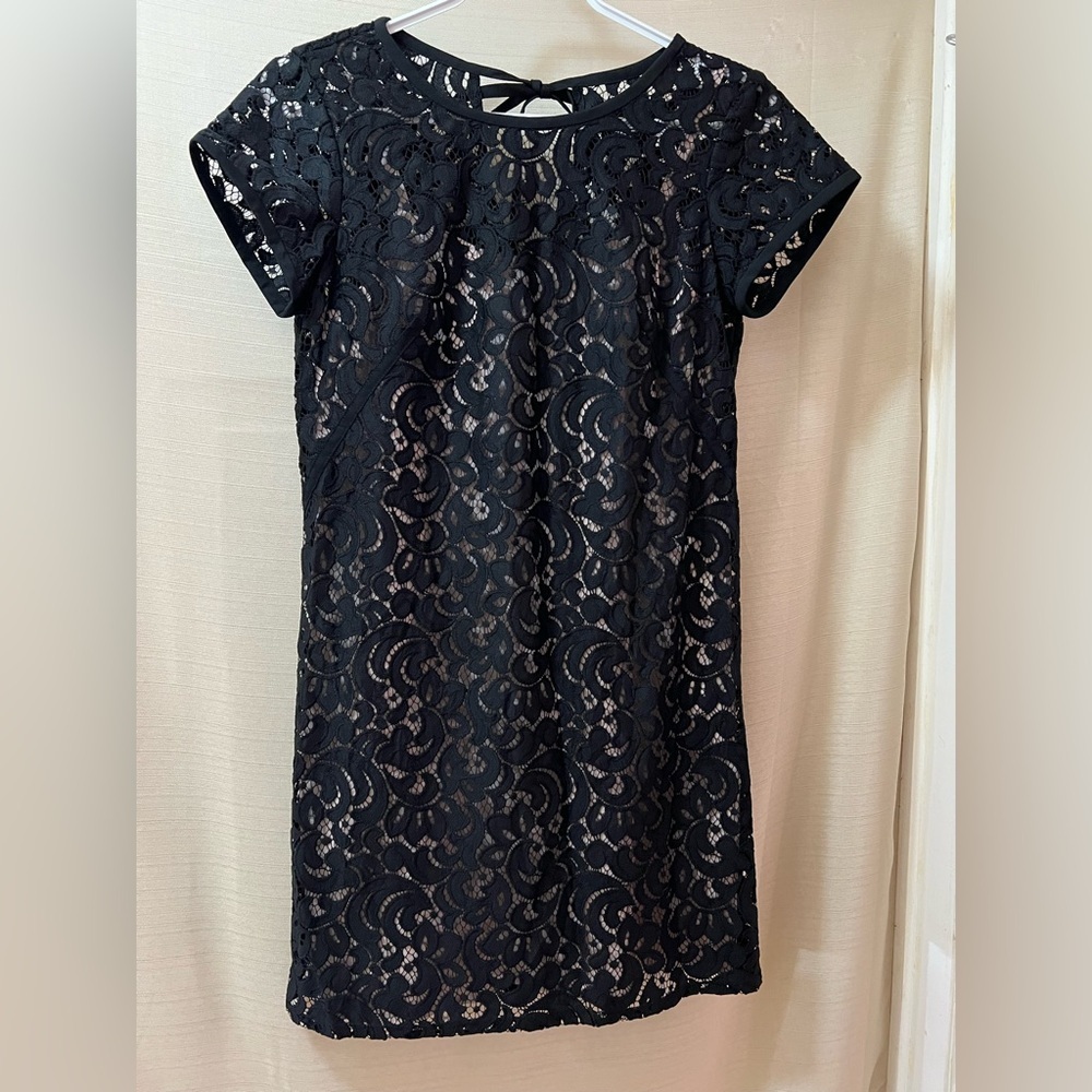LOFT women’s black lace dress with lining size 0P mini designer tie up back